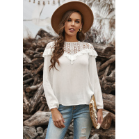 White Hollow-out Ruffle Long Sleeve Blouse