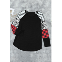 Black Crew Neck Print Splice Waffle Knitted Long Sleeve Top