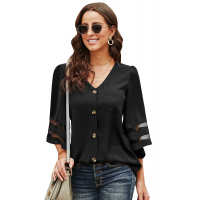 Black Flare Sleeve V Neck Button Up Blouse