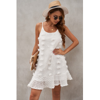 White Spaghetti Straps Jacquard Ruffle Mini Dress