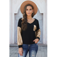 Sequin Splicing Black V Neck Bishop Sleeves Top