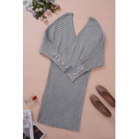 Gray Wrap V Neck Batwing Sleeves Ribbed Sweater Dress