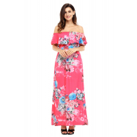 Flower Print Rosy Grounding Off Shoulder Long Boho Dress