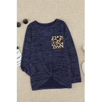 Leopard Pocket Splicing Twist Long Sleeve Top