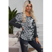 Gray Leopard&Camo Splicing Waffle Knit Top