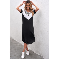 Black V Neck Contrast Leopard Print Short Sleeves Split Maxi Dress