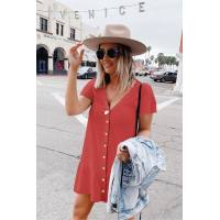 Red Pocketed Button Ruffle Dress