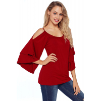 Burgundy Layered Sleeves Ruffled Off Shoulder Blouse