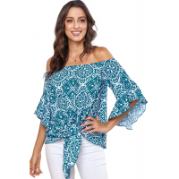 Sky Blue Bohemian Floral Print Off The Shoulder Blouse