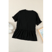 Black Ruffled V Neck Frill Hem Swiss Dot Blouse