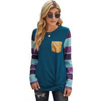 Blue Sequin Splicing Colorful Stripes Long Sleeve Top