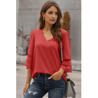 Red Flare Sleeve V Neck Loose Blouse