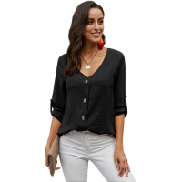 Black Button Detail Roll Up Sleeve Blouse