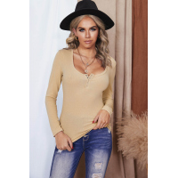 Khaki U Neck Button Knit Long Sleeve Top