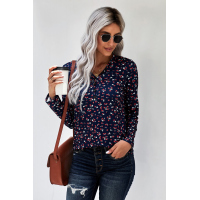 Navy Button V Neck Long Sleeve Floral Top