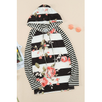 Black Floral Print Stripe Hooded Drawstring Long Sleeve Top