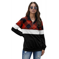 Red Plaid Color Block Zipper Turn Down Collar Long Sleeve Top