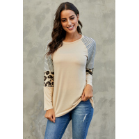 Khaki Striped and Leopard Color Block Sleeves Top