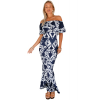 White Tendril Print Navy Off-the-shoulder Maxi Dress