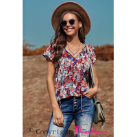 Blue V-neck Short Sleeve Fashion Print Fantasy Fluttering Blouse