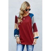 Red Lantern Sleeve Color Block Pullover Loose T-shirts