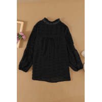 Black Ruffled Split Neck Lace Hollow Out Puff Sleeve Polka Dot Blouse