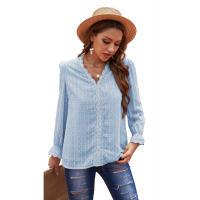 Sky Blue Elegant V-Neck Swiss Dot Lace Blouse