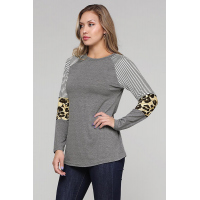 Gray Striped and Leopard Color Block Sleeves Top