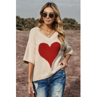 Beige V-neck Dropped Sleeve Heart Print Slouchy Top