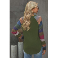 Green Color Block Striped Pocket Long Sleeve Top