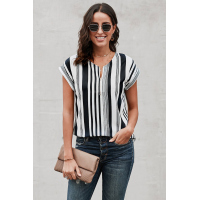 White V Neck Stripes Roll up Short Sleeve Zip Up Blouse