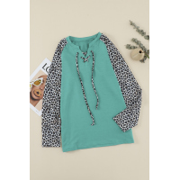 Green Leopard Patchwork Lace-up Front Long Sleeve Top