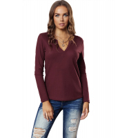 Wine V Neck Cotton Blend Long Sleeve Top