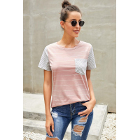 Pink Striped Short Sleeve Contrast Color T-Shirt with Pocket