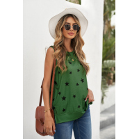 Green Star Print Knit Tank with Slits