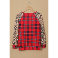 Red O-Neck Leopard Sleeve Plaid Splicing Blouse