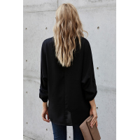 Black V Neck 3/4 Sleeve High Low Hem Shirt