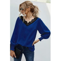 V Neck Lace Patchwork Blue Blouse