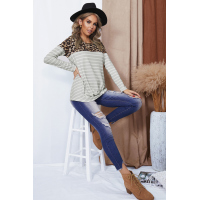 Leopard Print Splicing Apricot Striped Long Sleeve Top with Front Twist 