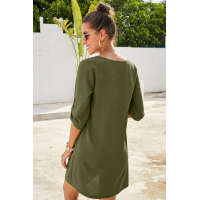 Green V Neck Button Front Roll up Tab Sleeve Dress