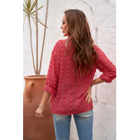 Red Long Sleeve Button Fuzzy Polka Dot Shirt