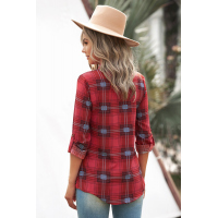 Red Plaid Button Shirt With Pockets