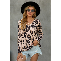 Khaki Casual Leopard Print Long Sleeves T-shirt