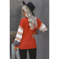 Orange V Neck Leopard Stripe Splice Lantern Sleeve Top