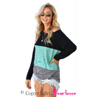 Green Color Block Crew Neck Blouse