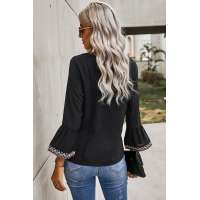 Black Boho Floral V Neck Long Sleeve Casual Top