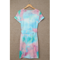 Multicolor Tie-dye Pocketed T-shirt Dress with Belt