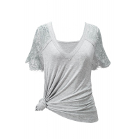 Gray Sweet Side Lace Deep V Neck Top T-shirt