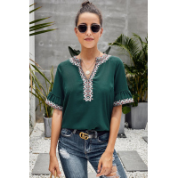 Green Boho Floral V Neck Casual Blouse