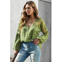 Green V Neckline Lace Shoulder Patchwork Blouse